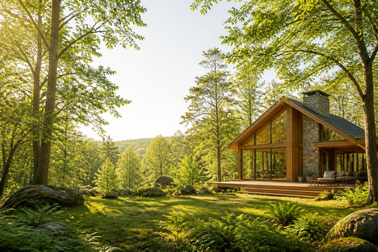 Illustration d’une cabane ouverte sur une forêt lumineuse
